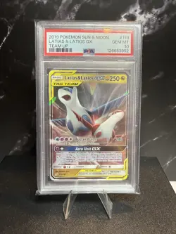 2019 POKEMON SUN & MOON TEAM UP #113 LATIAS & LATIOS GX PSA 10 - Image 1