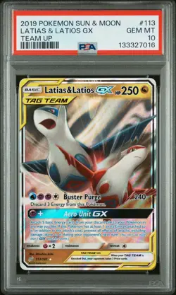 2019 POKEMON SUN & MOON TEAM UP #113 LATIAS & LATIOS GX PSA 10 - Image 1