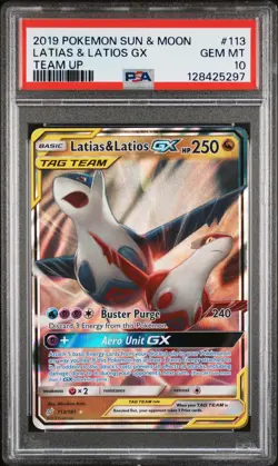 2019 POKEMON SUN & MOON TEAM UP #113 LATIAS & LATIOS GX PSA 10 - Image 1