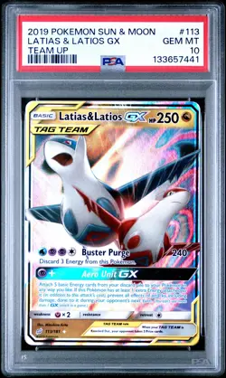 2019 POKEMON SUN & MOON TEAM UP #113 LATIAS & LATIOS GX PSA 10 - Image 1