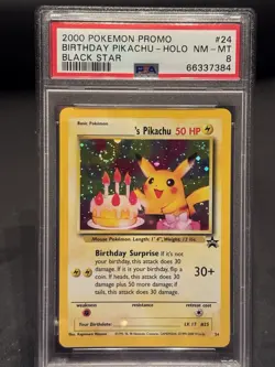 Birthday Pikachu Holo #24 Black Star Promo Pokemon PSA 8 🎂🎈 w Swirl 🌀 - Image 1
