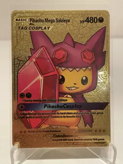 Pokemon TCG Basic Pikachu Mega Sableye Tag Cosplay HP 480 Gold Foil Fan Art - Image 1