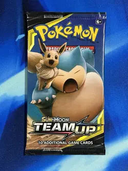 Pokemon 2019 Sun & Moon Team Up Booster Pack Snorlax Eevee Art Nm Mint - Image 1