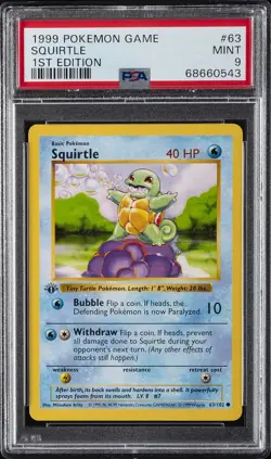 1999 POKEMON BASE SET 1ST EDITION #63 SQUIRTLE PSA 9 - Image 1