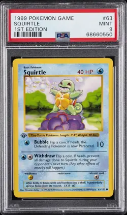 1999 POKEMON BASE SET 1ST EDITION #63 SQUIRTLE PSA 9 - Image 1