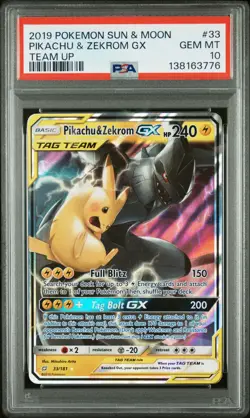 2019 POKEMON SUN & MOON TEAM UP #33 PIKACHU & ZEKROM GX PSA 10 - Image 1