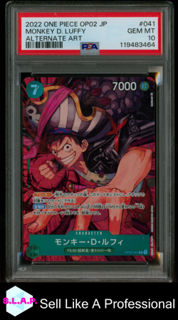 MONKEY D. LUFFY ALTERNATE ART ONE PIECE JAP OP02-PARAMOUNT WAR 2022 041 PSA 10 - Image 1