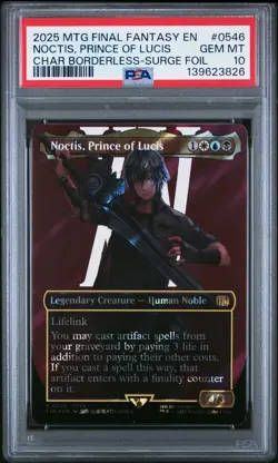 2025 MTG FINAL FANTASY BORDERLESS-SURGE FOIL NOCTIS, PRINCE OF LUCIS PSA 10 - Image 1