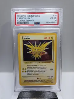 1999 Pokemon Fossil Zapdos #15 Corrected Foil Unlimited Holo PSA 9 Mint - 5441 - Image 1