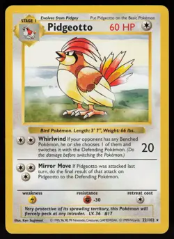 Pidgeotto 22/102 Rare Shadowless Base Set Pokemon - Image 1