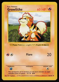 Growlithe 28/102 Uncommon Shadowless Base Set Pokemon - Image 1