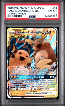2019 Pokemon Sun & Moon Unified Minds 54/236 Raichu & Alolan Raichu GX PSA 10 - Image 1