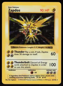 Zapdos 16/102 Shadowless Holo Rare Base Set Pokemon - Image 1