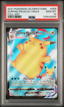 2021 POKEMON CELEBRATIONS #009 FULL ART/SURFING PIKACHU VMAX PSA 10 - Image 1