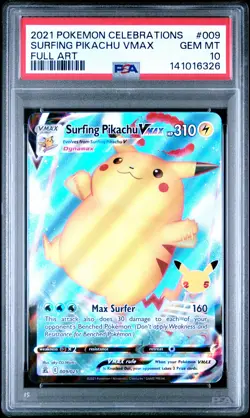 2021 POKEMON CELEBRATIONS #009 FULL ART/SURFING PIKACHU VMAX PSA 10 - Image 1