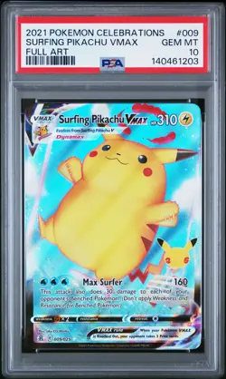2021 POKEMON CELEBRATIONS #009 FULL ART/SURFING PIKACHU VMAX PSA 10 - Image 1