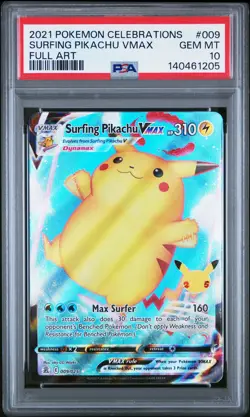 2021 POKEMON CELEBRATIONS #009 FULL ART/SURFING PIKACHU VMAX PSA 10 - Image 1