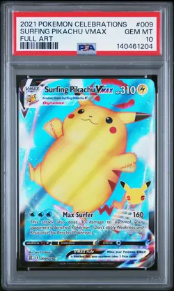 2021 POKEMON CELEBRATIONS #009 FULL ART/SURFING PIKACHU VMAX PSA 10 - Image 1