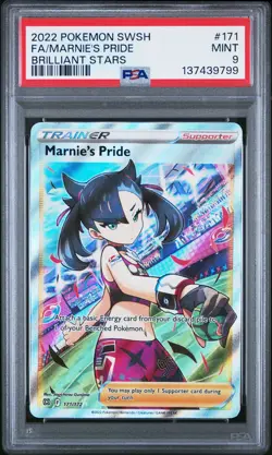 2022 POKEMON SWORD & SHIELD BRILLIANT STARS #171 FULL ART/MARNIE'S PRIDE PSA 9 - Image 1