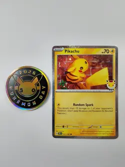 Pikachu 051/162 - Stamped Promo - Pokemon Day 2026 - Cosmos Holo - NM + Coin - Image 1