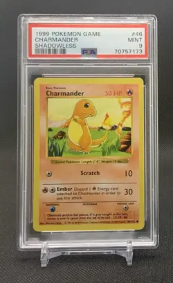 PSA 9 MINT Charmander 46/102 SHADOWLESS Base Set Pokemon Card - Image 1