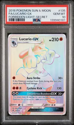 2018 POKEMON SUN & MOON FORBIDDEN LIGHT SECRET #135 FULL ART/LUCARIO GX PSA 10 - Image 1