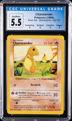 1999 POKEMON BASE SET SHADOWLESS #46 CHARMANDER CGC 5.5 - Image 1