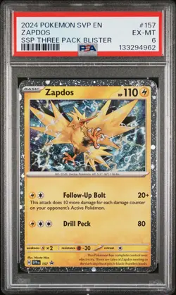 2024 POKEMON SURGING SPARKS THREE PACK BLISTER PROMO #157 ZAPDOS PSA 6 - Image 1