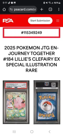 2025 POKEMON JTG EN-JOURNEY TOGETHER #184 LILLIE'S CLEFAIRY EX PSA 10 - Image 3