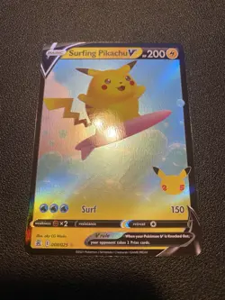 Pokemon TCG Surfing Pikachu v Celebrations Holo Ultra Rare Card 008/025 - Image 1