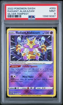 2022 POKEMON SWORD & SHIELD SILVER TEMPEST #059 RADIANT ALAKAZAM PSA 9 - Image 1