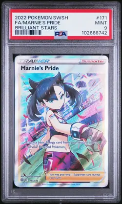 2022 POKEMON SWORD & SHIELD BRILLIANT STARS #171 FULL ART/MARNIE'S PRIDE PSA 9 - Image 1