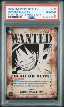 2025 ONE PIECE CARRYING ON HIS WILL WANTED ALT ART #118 MONKEY D. LUFFY PSA 10 - Image 1