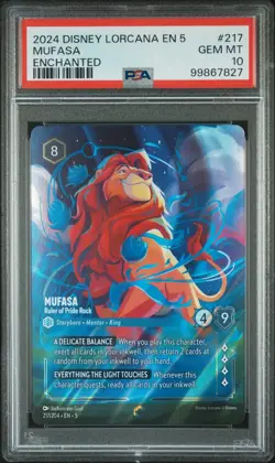2024 DISNEY LORCANA SHIMMERING SKIES ENCHANTED MUFASA RULER OF PRIDE ROCK PSA 10 - Image 1