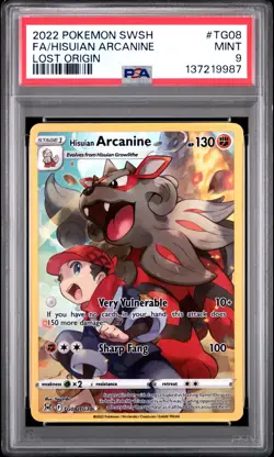 2022 POKEMON SWORD & SHIELD LOST ORIGIN #TG08 FULL ART/HISUIAN ARCANINE PSA 9 - Image 1