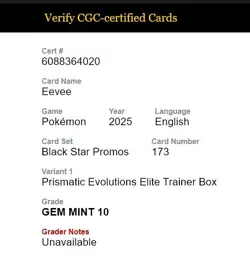 CGC 10 Eevee Black Star Promo 173 Prismatic Evolutions ETB Pokemon 2025 - Image 5
