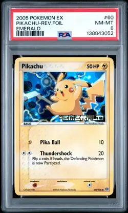 2005 POKEMON EX EMERALD #60 PIKACHU-REVERSE FOIL PSA 8 - Image 1