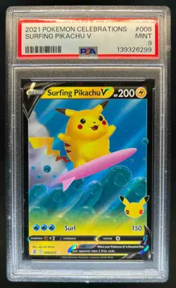 2021 Pokemon SWSH Celebrations Surfing Pikachu V Full Art #008/025 PSA 9 - Image 1