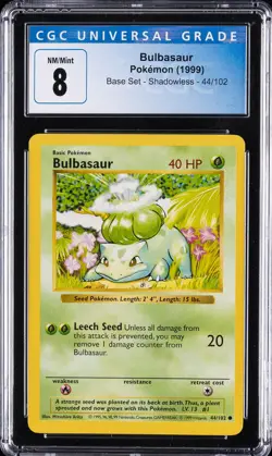 1999 POKEMON BASE SET SHADOWLESS #44/102 BULBASAUR CGC 8 - Image 1