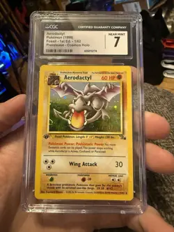 1st Edition Aerodactyl 1Prerelease Fossil Pokemon CGC 7 Cosmos Holo Half Swirl - Image 1