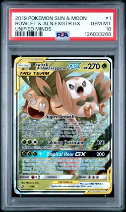 PSA 10 Rowlet Alolan Exeggutor Tag Team GX Card 1/236 Unified Minds Pokemon TCG - Image 1