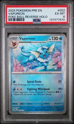 2025 POKEMON PRE EN-PRISMATIC EVOLUTIONS POKE BALL REVERSE HOLO VAPOREON PSA 6 - Image 1