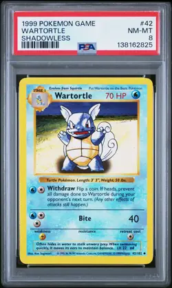 1999 POKEMON BASE SET SHADOWLESS #42 WARTORTLE PSA 8 - Image 1