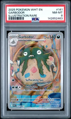 2025 POKEMON WHT EN-WHITE FLARE ILLUSTRATION RARE #141 GARBODOR PSA 8 - Image 1