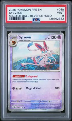 2025 POKEMON PRE EN-PRISMATIC EVOLUTIONS MASTER BALL REVERSE HOLO SYLVEON PSA 9 - Image 1