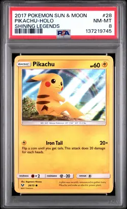 2017 POKEMON SUN & MOON SHINING LEGENDS #28 PIKACHU-HOLO PSA 8 - Image 1