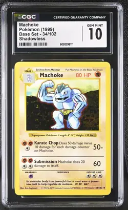 CGC 10 GEM MINT Machoke 1999 Base Set 34/102 Shadowless Pokemon Card - Image 1