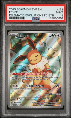 2025 POKEMON PRISMATIC EVOLUTIONS POKEMON CENTER ETB PROMO #173 EEVEE PSA 9 - Image 1