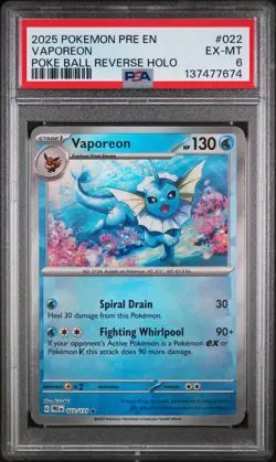 2025 POKEMON PRE EN-PRISMATIC EVOLUTIONS POKE BALL REVERSE HOLO VAPOREON PSA 6 - Image 1