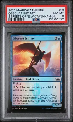 2022 MTG STREETS OF NEW CAPENNA FOIL #50 OBSCURA INITIATE PSA 8 - Image 1